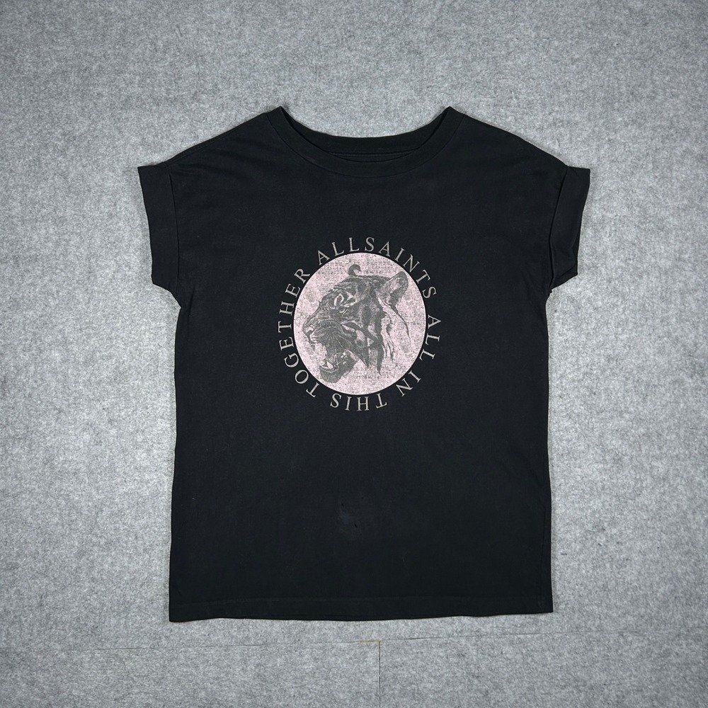 AllSaints T Shirt Mens Large Black Lia Imogen Boy Tee‎ Tiger Graphic Rock Edgy
